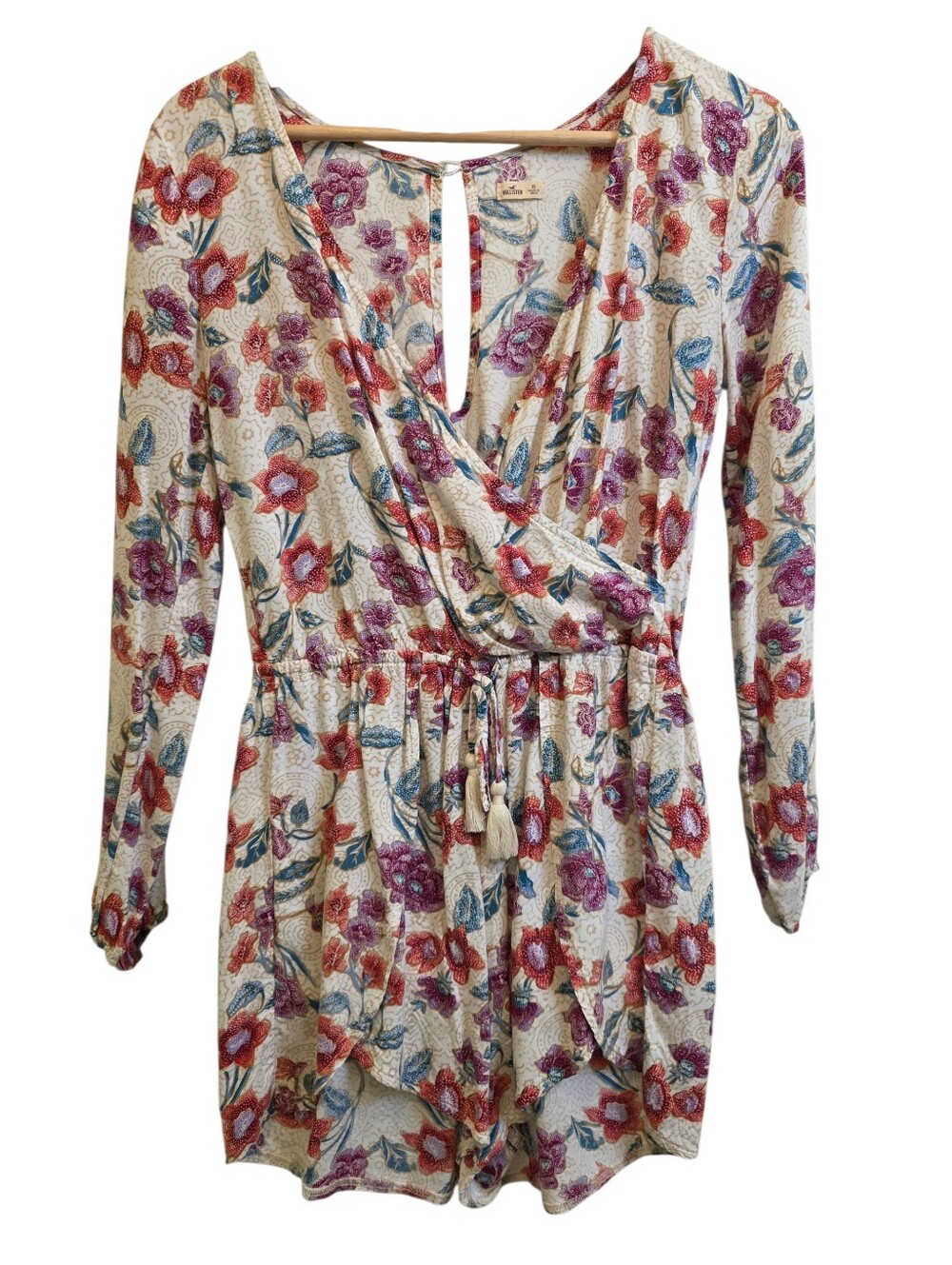 Hollister Floral Print Longsleeve Wrap Top Romper Drawstring Tassle Waist Sz XS